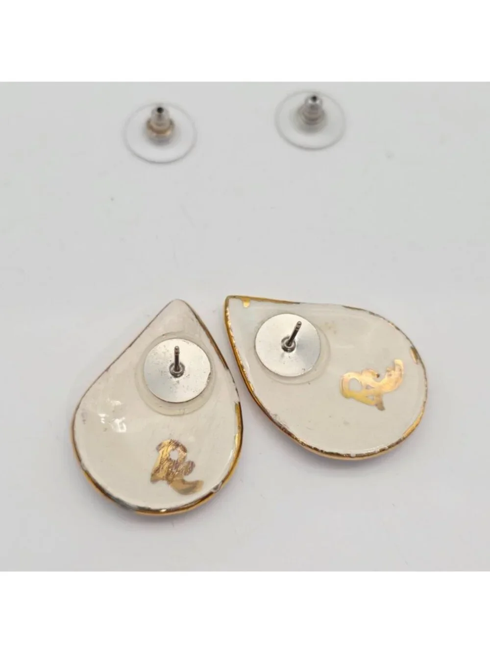 Pastel Gradient Teardrop Stud Earrings Gold Trim Ceramic & Metal Unique Handmade - Picture 2 of 5